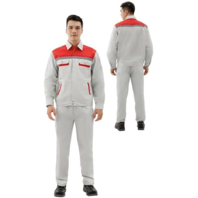 Quần áo bảo hộ lao động màu ghi phối đỏ - NT 57