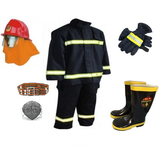 Bộ bảo hộ chống cháy hoàn chỉnh gồm áo, quần, mũ trùm, găng tay và giày chịu nhiệt