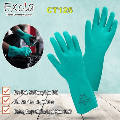 Găng tay Cao Su Chống Hóa Chất Excia CT125 Màu Xanh Chiều Dài 33CM
